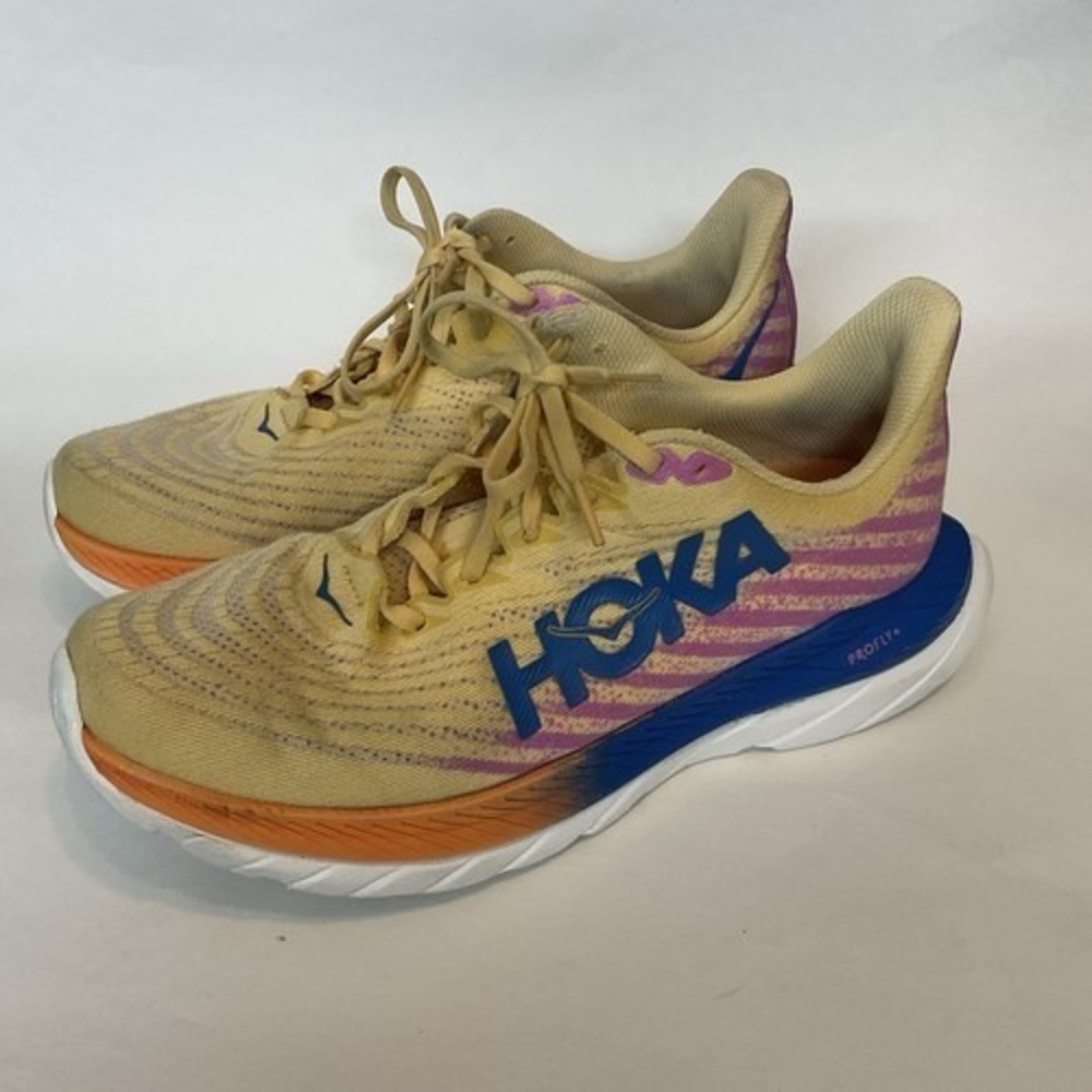 Hoka One One Mach 5 Yellow/Blue Lace Up Running Sneakers Women 9B Vietnam Mesh